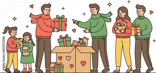 People donating gifts into a box with hearts on it for charity.