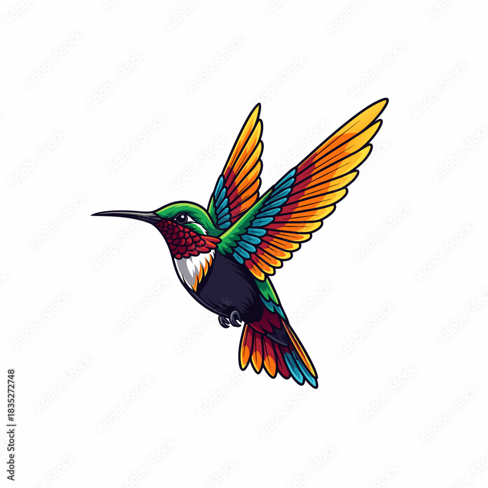 Obraz premium Colorful Hummingbird Illustration in Flight with Vibrant Wings on White Background
