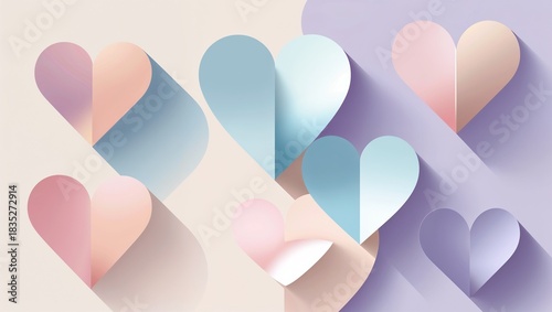 modern minimalist valentine’s day postcard featuring abstract heart shapes, soft gradients and clean geometric composition