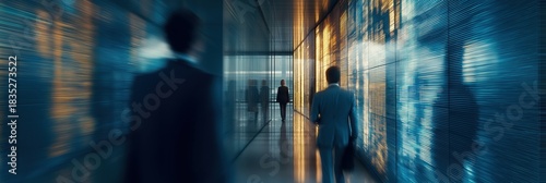 Business people in motion through glowing corridor lined with light strips and interactive walls