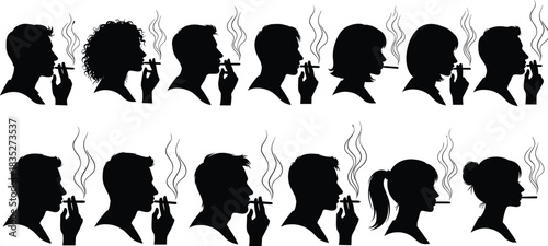 Collection of smoking silhouettes showing men and women holding cigarettes with rising smoke in profile view for design, illustration, and awareness themes