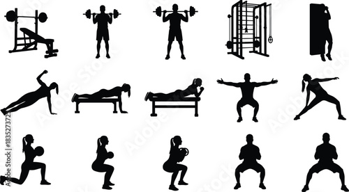 Collection of fitness workout silhouettes showing weightlifting, bodyweight exercises, gym equipment, stretching, squats, lunges, and strength training movements for design and illustration