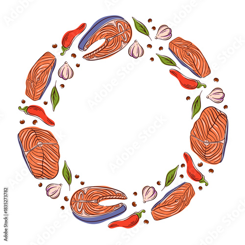 Wreath with salmon steak, chili pepper, garlic, seasoning and basil in flat style on white background. Design for seafood restaurant card and menu.