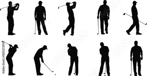 Collection of golfer silhouettes practicing swings, putting, walking, and holding clubs, perfect for sports design, fitness themes, and golf illustrations
