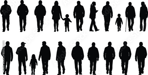 Collection of walking people silhouettes including adults, children, and families in various poses, perfect for urban design, illustrations, and crowd scenes