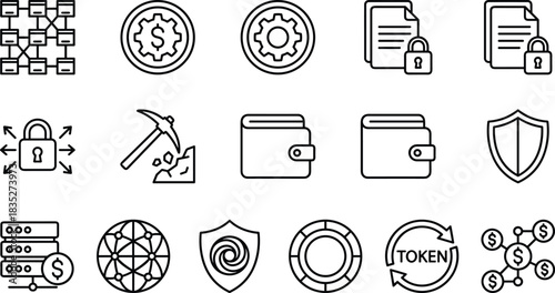 blockchain icons, cryptocurrency symbols, digital wallet, secure document, crypto mining, token exchange, gear icon, padlock security, financial data,