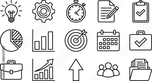 business icons, productivity symbols, project management, idea generation, time tracking, goal setting, data analysis, team collaboration,