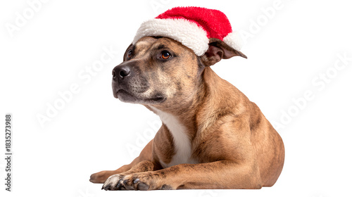 Sitting dog wearing a Christmas hat isolated on white background