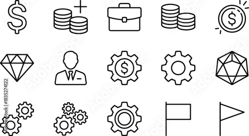 finance icons, business symbols, dollar sign, coin stack, briefcase, gear icon, flag marker, polyhedron, interlocking gears, money growth,