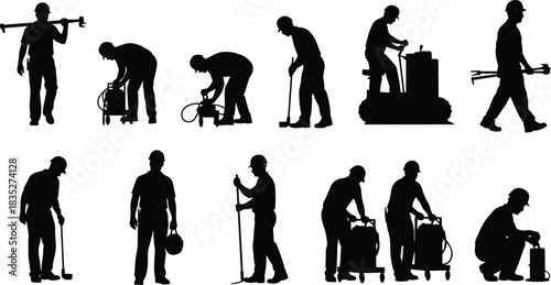 Collection of construction worker silhouettes performing industrial tasks with tools, machinery, welding equipment, and safety gear for engineering and labor design themes