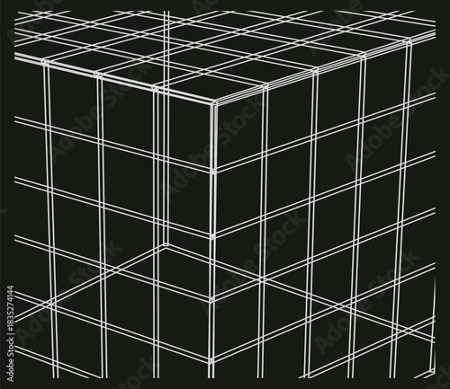 Abstract 3D Wireframe Cube Structure on a Dark Background, Representing Digital Grid, Network, or Data Visualization.