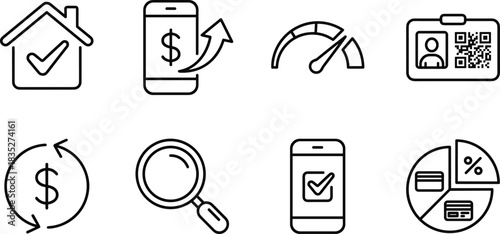finance icons, mobile banking, credit score, digital ID, currency exchange, financial analysis, smartphone verification, home approval, search icon,