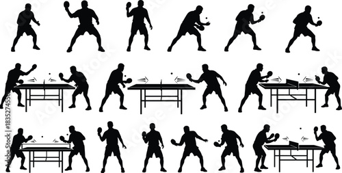 Dynamic table tennis player silhouettes performing various competitive ping pong actions, showcasing athletic movement, gameplay poses, training stances, and sport motion