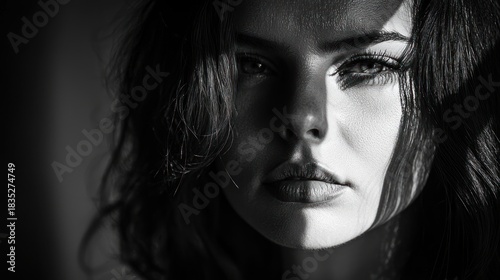 A dramatic and serious portrait of a woman in black and white, with shadows highlighting her features.