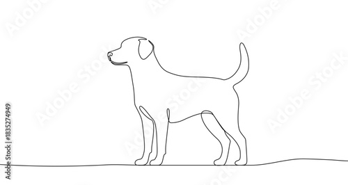 Continuous one line drawing of a dog standing in profile. Drawing of a domestic animal with editable black stroke on white background. Vector illustration.