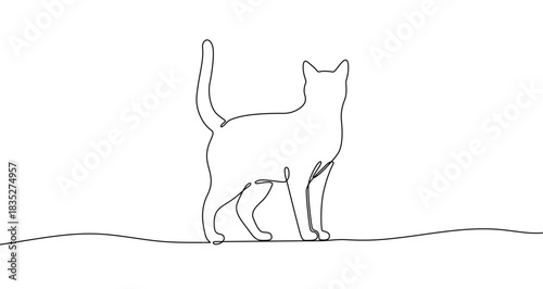 Continuous one line drawing of a cat standing in profile. Drawing of a domestic animal with editable black stroke on white background. Vector illustration.
