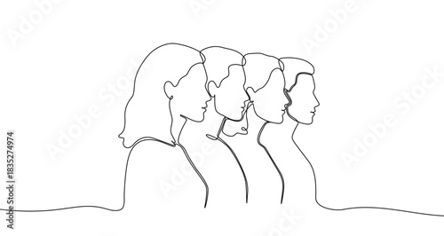 Continuous one line drawing of four human face profiles. Drawing of a team or crowd with editable black stroke on white background. Vector illustration.