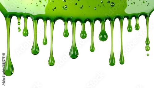 A progressive stream of vibrant green slime dripping slowly down against a clean isolated white background
