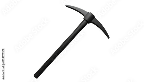 A sleek black metal pickaxe hand tool for mining and digging isolated on a white background