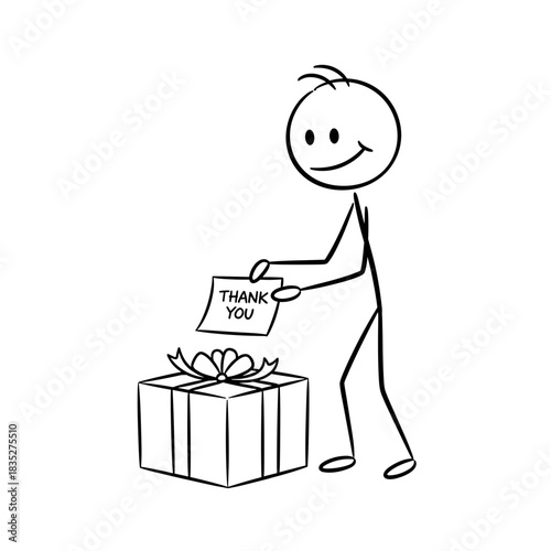 Stick figure placing thank you note on gift for International Thank You Day  