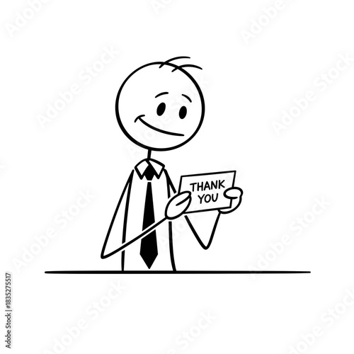 Stick figure man smiling while holding thank you card for International Thank You Day  