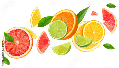 Dynamic Arrangement of Bright Citrus Fruits with Fresh Slices and Vibrant Green Leaves Isolated on White