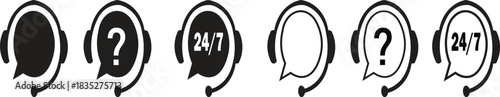 Customer Support Headset Icon Set with Speech Bubbles, Question Mark Symbols and 24/7 Service Signs — Call Center Helpline Vector for Customer Care, Technical Support and Online Assistance