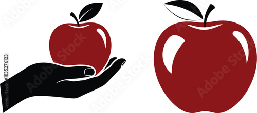 Hand offering a red apple next to a larger apple illustration
