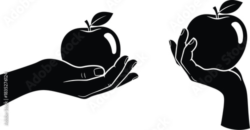 Two hands presenting apples in black and white illustration