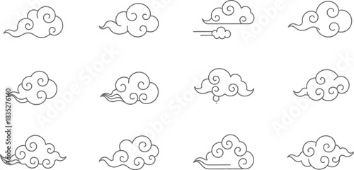 Collection of twelve hand drawn asian style cloud illustrations