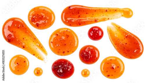 Orange Jam Swirls and Droplets Isolated on White Background, Sweet Fruit Spread