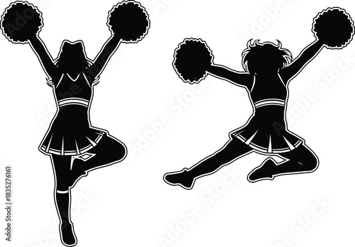 Two cheerleaders performing a jump with pom poms in a silhouette style