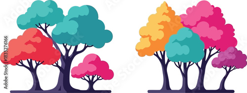 Colorful trees illustration set on white background for graphic design
