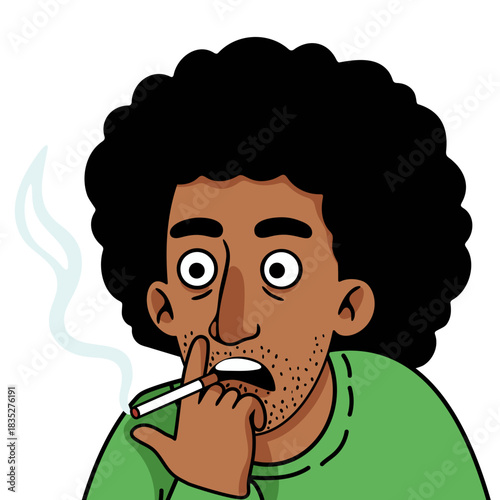 man smoking cigarette with wide open eyes. Fear and shock concept. Addiction and bad habit lifestyle.