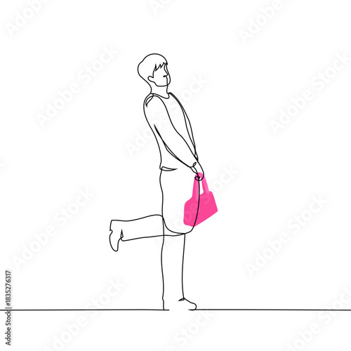 slender, airy young man stands playfully raising his leg with a pink bag - one line vector art