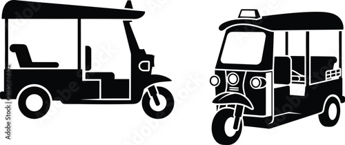 Two black and white tuk tuks illustration of thailand transportation