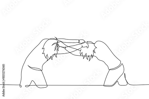 Women grab each other by the hair and pull - one line vector art. Friends, sisters, enemies fighting, funny female fight