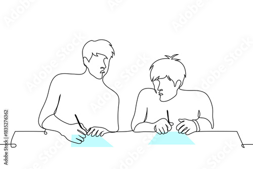 Young male students taking a test, appearing unsure, holding pens over blank sheets, and glancing at their classmate's answers - one line vector art