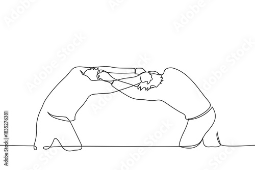 men were locked in a fight, gripping each other by the hair - one line vector art. friends, brothers fighting, funny man fight