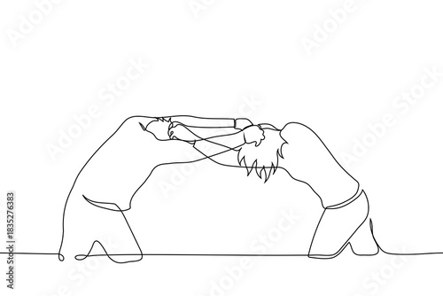 man and a woman grab each other by the hair and pull - one line vector art. Siblings fighting, battle of the sexes metaphor