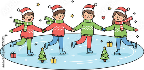 Four people ice skating on a rink with Christmas trees and presents.