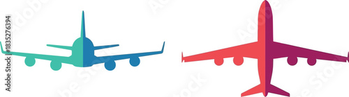 Two colorful airplanes in low poly style on white background