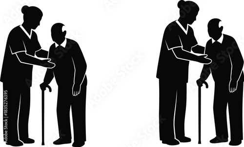 Nurse helping senior man with cane black and white silhouette illustration