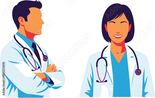 Male and female doctors in white coats with stethoscopes illustration