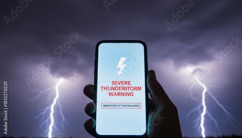 A person holds a phone displaying a severe thunderstorm warning amidst a dramatic lightning storm in the background.