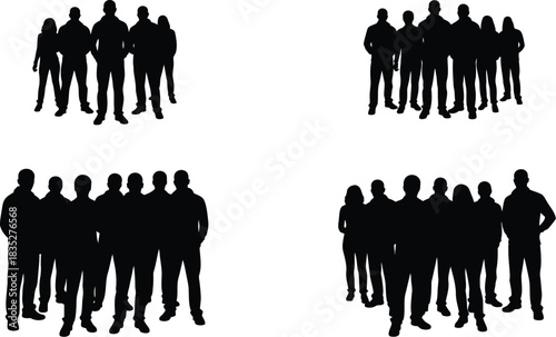 Silhouetted crowds of people standing together in four different groupings