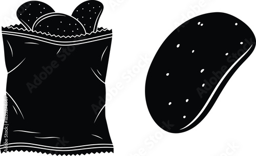 Monochrome illustration of potato chips bag and single chip