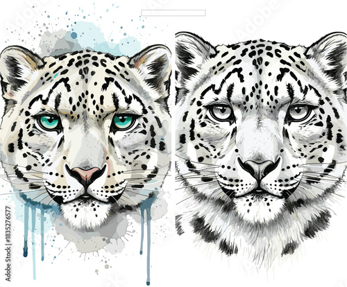 Realistic Vector Portrait of a Snow Leopard Head with Watercolor Accents and Striking Green Eyes, Ideal for Wildlife and Conservation Graphics