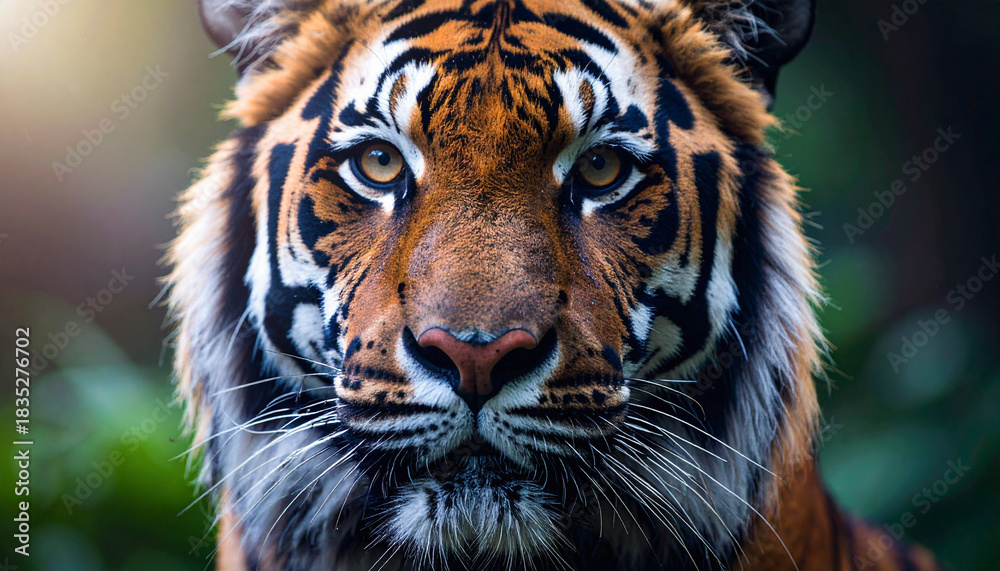 Fototapeta premium World Wildlife Day scene, global biodiversity a majestic wild animal tiger in its natural habitat, lush greenery, warm natural light. Nature protection, beauty of wildlife.