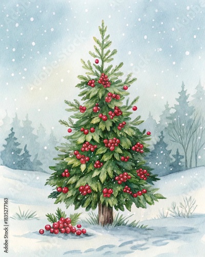 watercolor christmas tree in snow